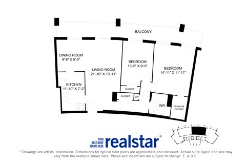 Harbourview Apartments 2-bedroom, 1-bath layout variation B in Oakville, ON